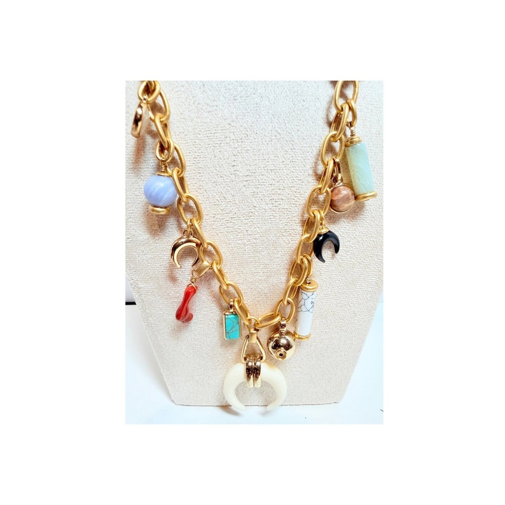 Stella & Dot Gold Tone Boho Charm Necklace Crescent Horn 24 Inch Eclectic